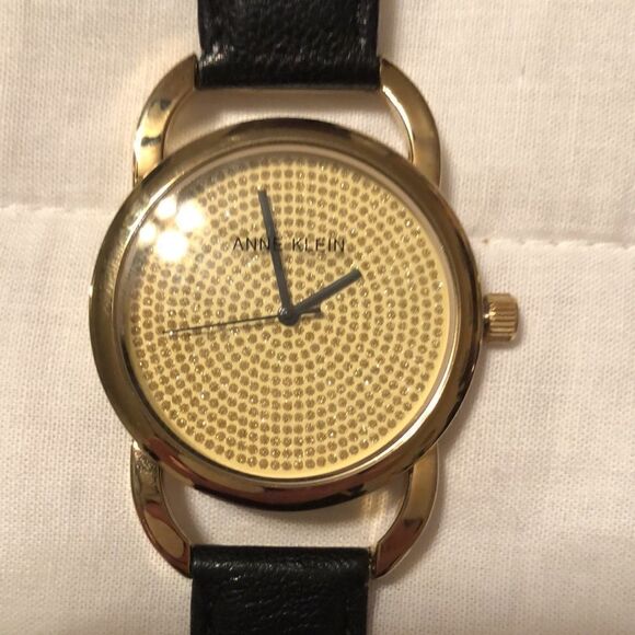 AK Gold Tone Rhinestone Wrist Watch Black Genuine Leather Strap main image 6